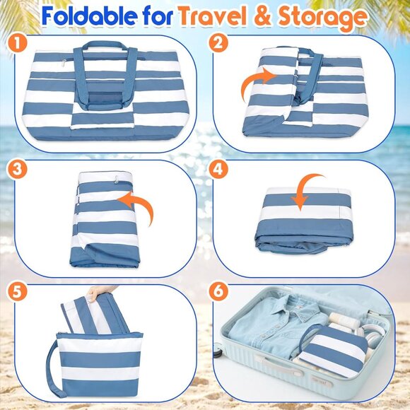 Women's Grey-blue White Waterproof Sandproof Xl Tote Zipper Foldable Beach Bags - Picture 8 of 8